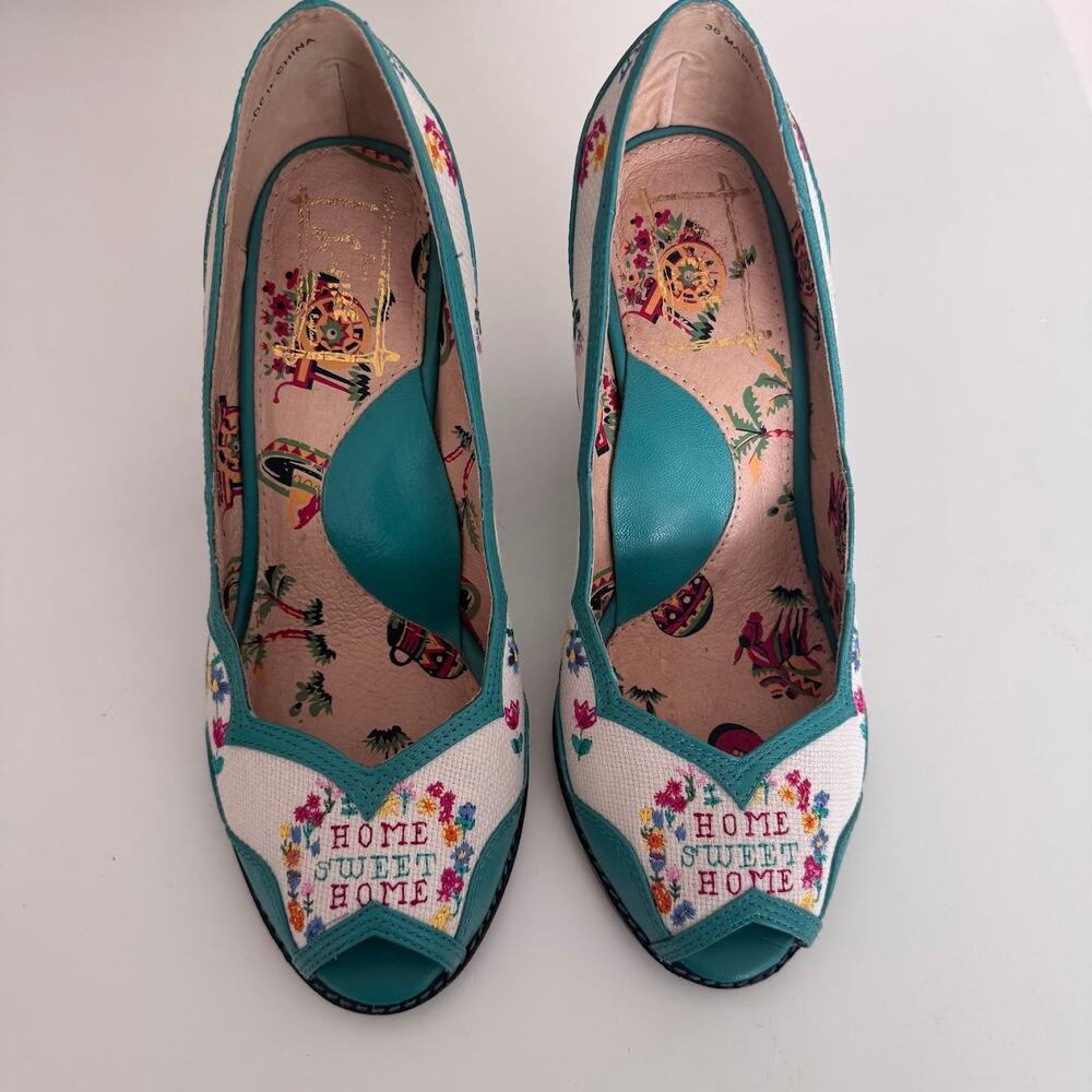 Miss L Fire Home Sweet Home Peep Toe Heels Retro Needlepoint Size EU 36 US 6 - Picture 2 of 12